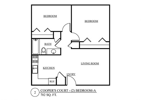 Floor plan for 2 beds, 1 bath, 702 sqft